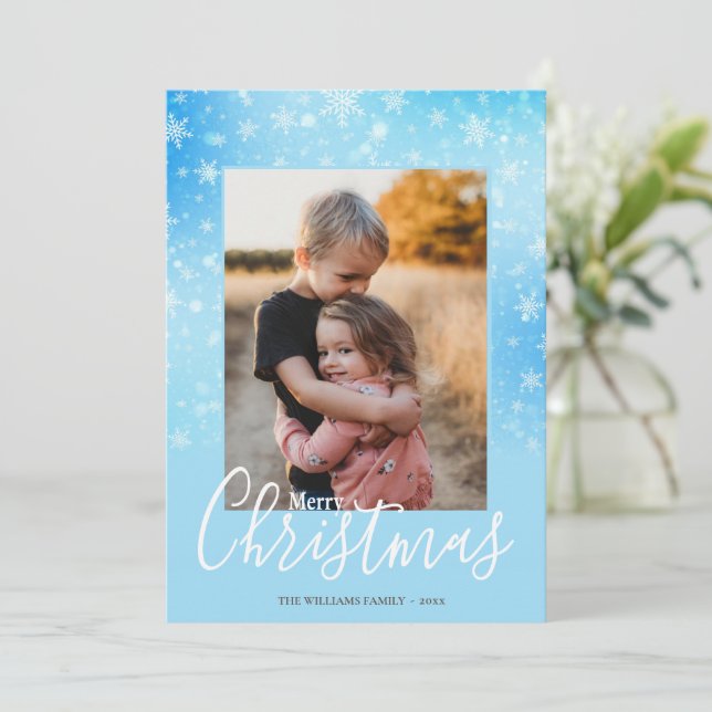 Cartes Pour Fêtes Annuelles Elégant neige Hiver Bleu Joyeux Noël Photo (Debout devant)