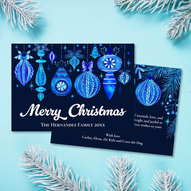 Cartes Pour Fêtes Annuelles Elégant Noël Baubles Marine Bleu Aquarelle (Elegant Christmas Ornaments Navy Blue Watercolor Holiday Card)
