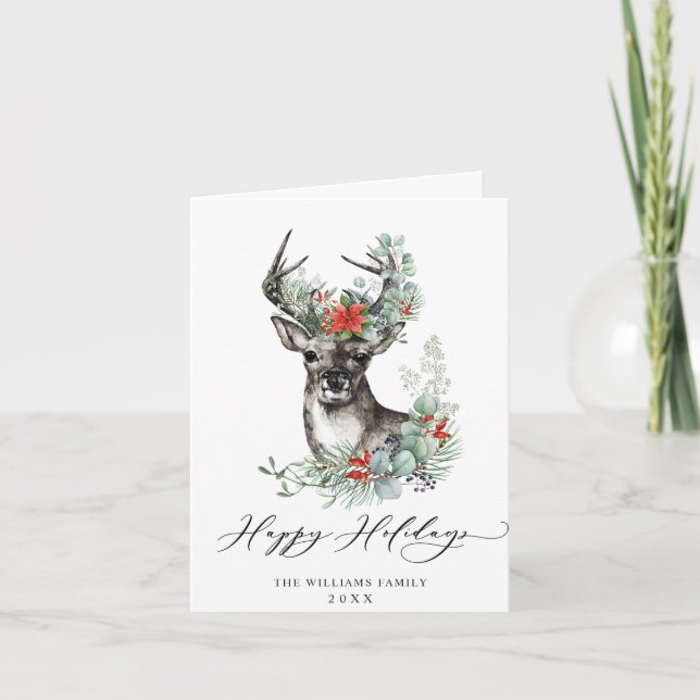 Cartes Pour Fêtes Annuelles Elégant Noël Deer Poinsettia Salutation (Devant)