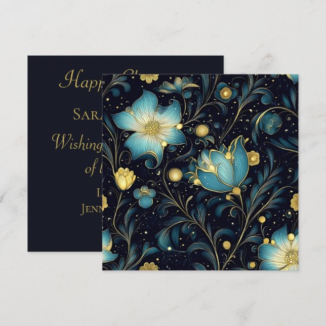 Cartes Pour Fêtes Annuelles Élégant Noël Floral Bleu et Or (Devant / Derrière)