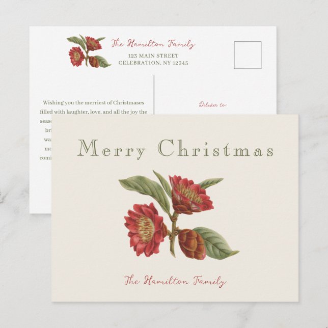 Cartes Pour Fêtes Annuelles Élégant Noël Floral Rouge et Vert (Devant / Derrière)