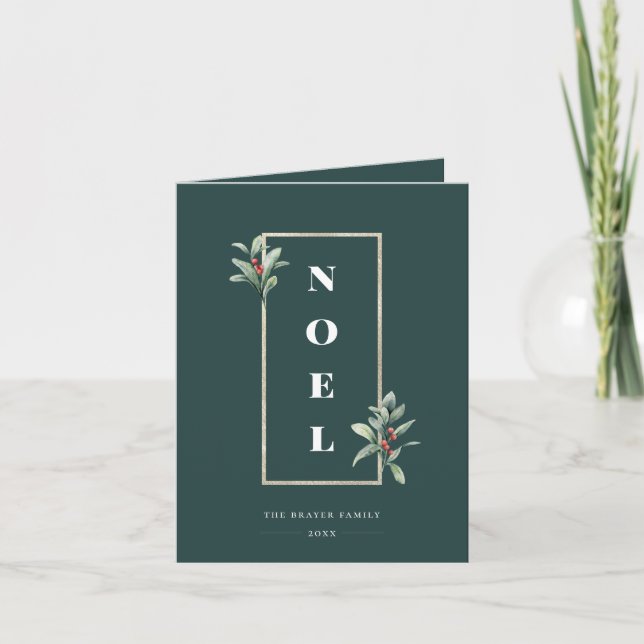 Cartes Pour Fêtes Annuelles Elégant NOEL Gold Winter Berry Frame Photo Holiday (Devant)