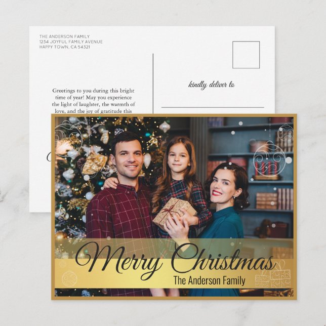 Cartes Pour Fêtes Annuelles Élégant Noël Ornements Gold Frame Photo (Devant / Derrière)