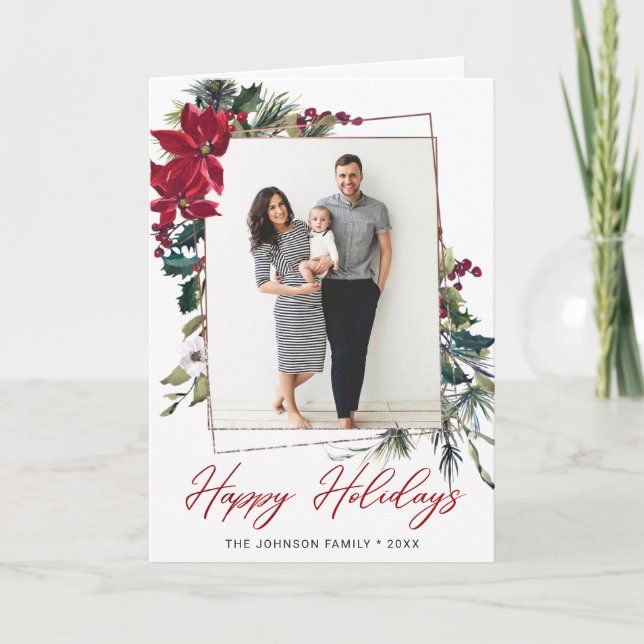 Cartes Pour Fêtes Annuelles Élégant Noël Poinsettia Photo Grey (Devant)