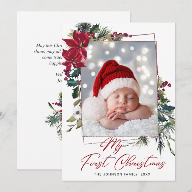 Cartes Pour Fêtes Annuelles Élégant Noël Poinsettia Photo Grey (Devant / Derrière)