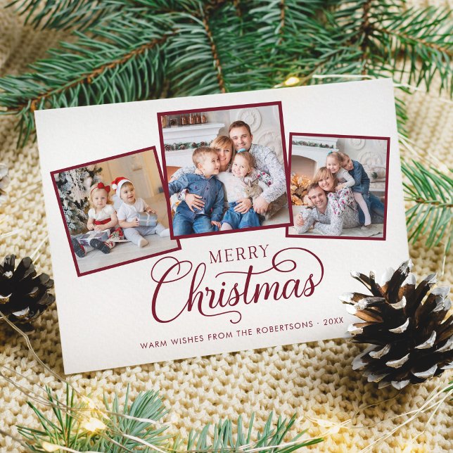 Cartes Pour Fêtes Annuelles Élégant Noël Script 3 Photo Bourgogne (Créateur téléchargé)