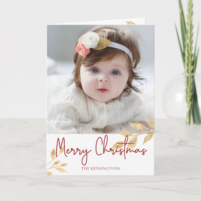 Cartes Pour Fêtes Annuelles Élégant Noël Script Gold Feuilles de vacances Phot (Devant)