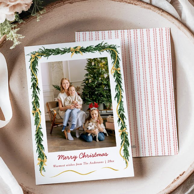 Cartes Pour Fêtes Annuelles Élégant Noël Verdure et Gold Bows 1 Photo (Créateur téléchargé)