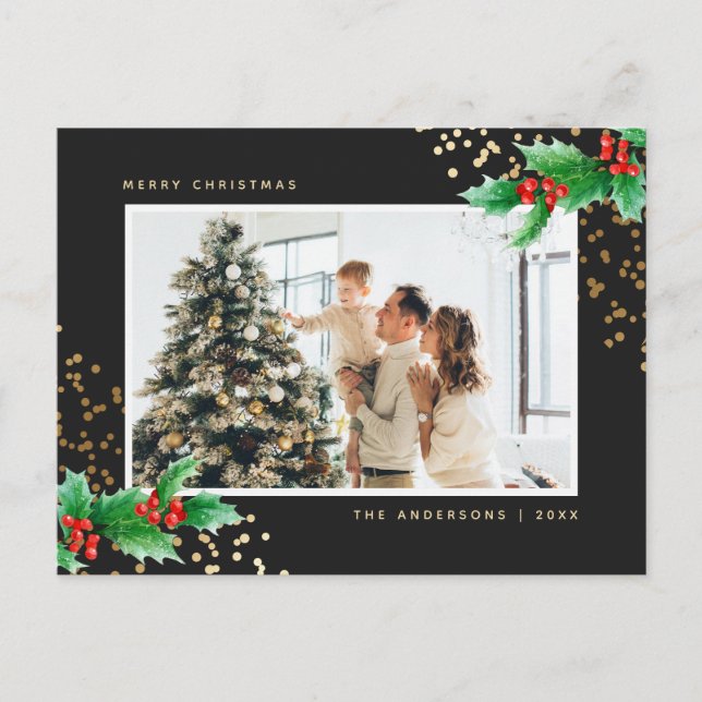 Cartes Pour Fêtes Annuelles Elégant noir Aquarelle Holly Photo Noël (Devant)