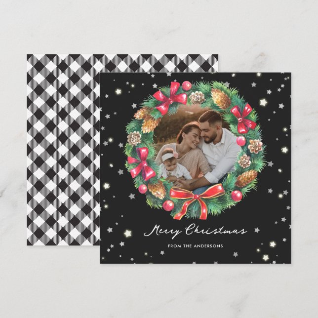 Cartes Pour Fêtes Annuelles Élégant noir blanc plaqué étoiles Photo Noël (Devant / Derrière)