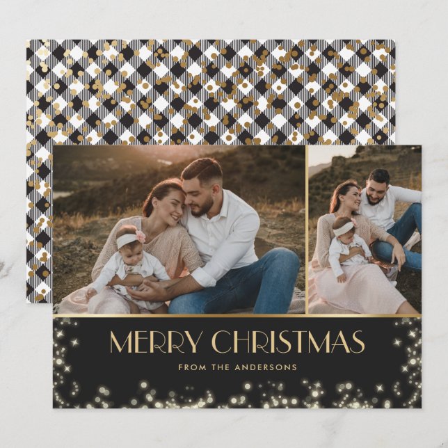 Cartes Pour Fêtes Annuelles Élégant noir brillant plaqué or photo Noël (Devant / Derrière)