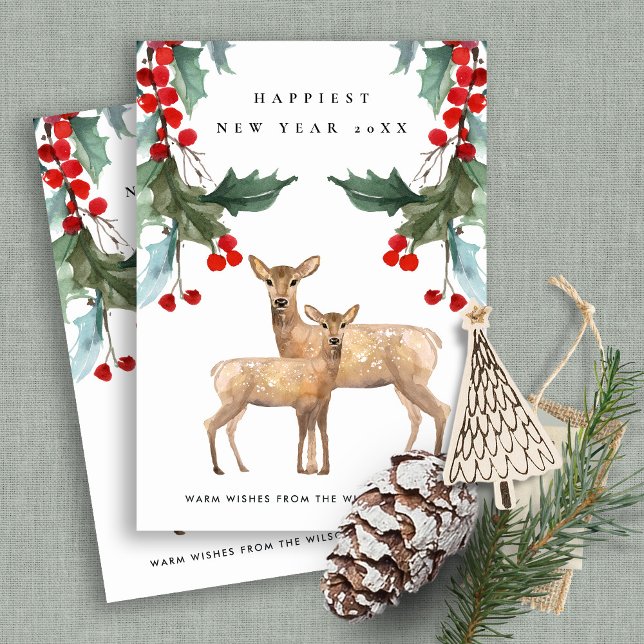 Cartes Pour Fêtes Annuelles ÉLÉGANT NOUVEL AN CERF BAIE Houx ROUGE VERT (Créateur téléchargé)