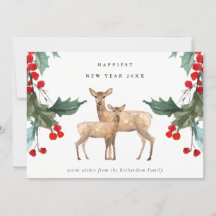 CARTES POUR FÊTES ANNUELLES ÉLÉGANT NOUVEL AN CERISE HOLLY CERISIER RENNE DUO