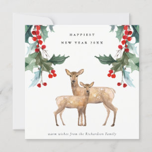 Cartes Pour Fêtes Annuelles ÉLÉGANT NOUVEL AN DUO CERF BAIE Houx ROUGE VERT