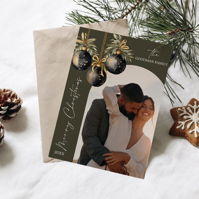 Cartes Pour Fêtes Annuelles Elégant or noir ornements DEUX Photo NOËL (TWO PHOTO LANDSCAPER ARCH SHAPED GREETING CARDS FOR CHRISTMAS . PREFECT FOR COUPLES OR NEWLY WED )
