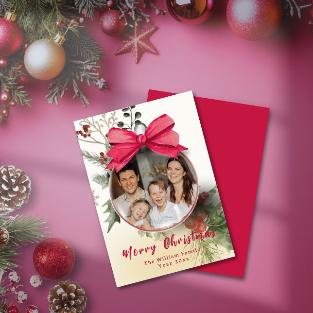 Cartes Pour Fêtes Annuelles Élégant ornement photo Nom de famille Noël (Elegant Photo Ornament Family Name Christmas Holiday Card)