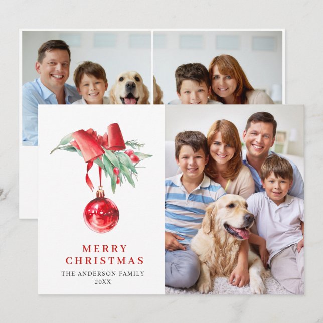 Cartes Pour Fêtes Annuelles Élégant Ornement Rouge Noël Salutation 3 PHOTO (Devant / Derrière)