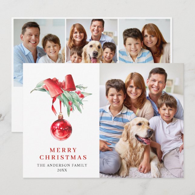 Cartes Pour Fêtes Annuelles Élégant Ornement Rouge Noël Salutation 4 PHOTO (Devant / Derrière)