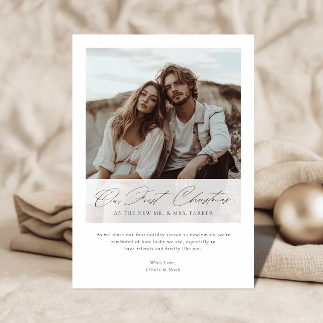 Cartes Pour Fêtes Annuelles Elegant Our First Christmas Romantic Script Photo (Créateur téléchargé)