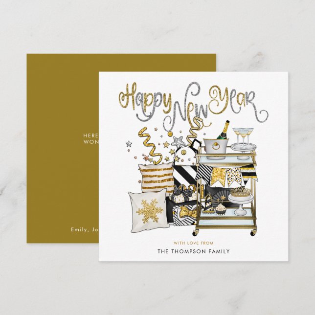Cartes Pour Fêtes Annuelles Élégant Parties scintillant d'or noir Script Bonne (Devant / Derrière)