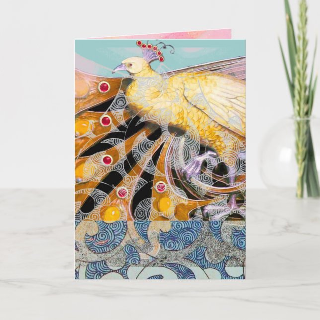 CARTES POUR FÊTES ANNUELLES ÉLÉGANT PEACOCK JAUNE AVEC DES CHEMISES GÉOMÉTRIQU (Devant)