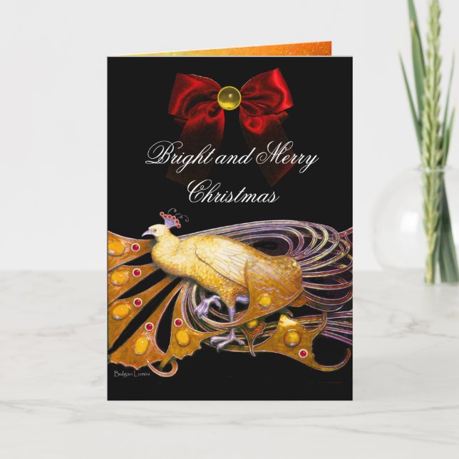 CARTES POUR FÊTES ANNUELLES ÉLÉGANT PEACOCK JAUNE, GEM STONE, RED CHRISTMAS BO (Devant)
