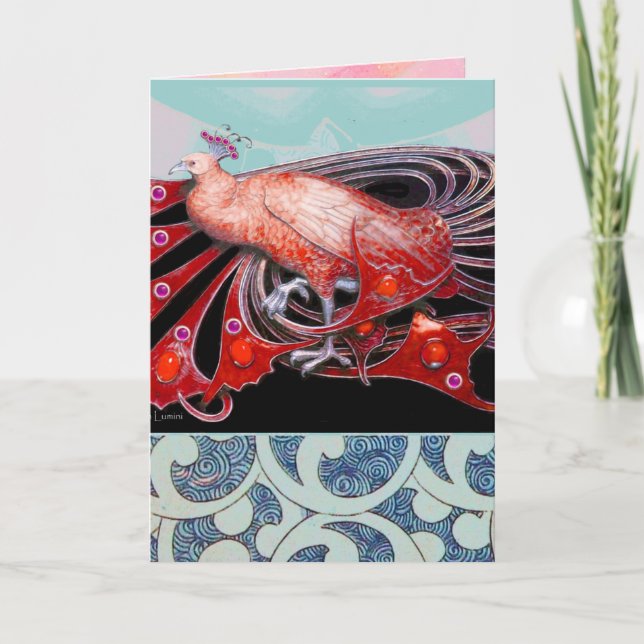 CARTES POUR FÊTES ANNUELLES ÉLÉGANT PEACOCK ROUGE AVEC DES CHEMISES GÉOMÉTRIQU (Devant)