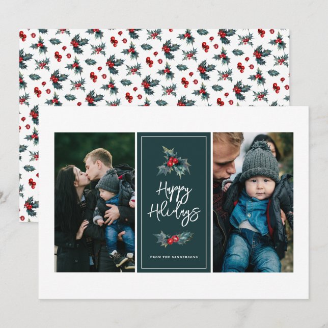 Cartes Pour Fêtes Annuelles Elégant Peint Holly Deux Photo Joyeux Vacances (Devant / Derrière)
