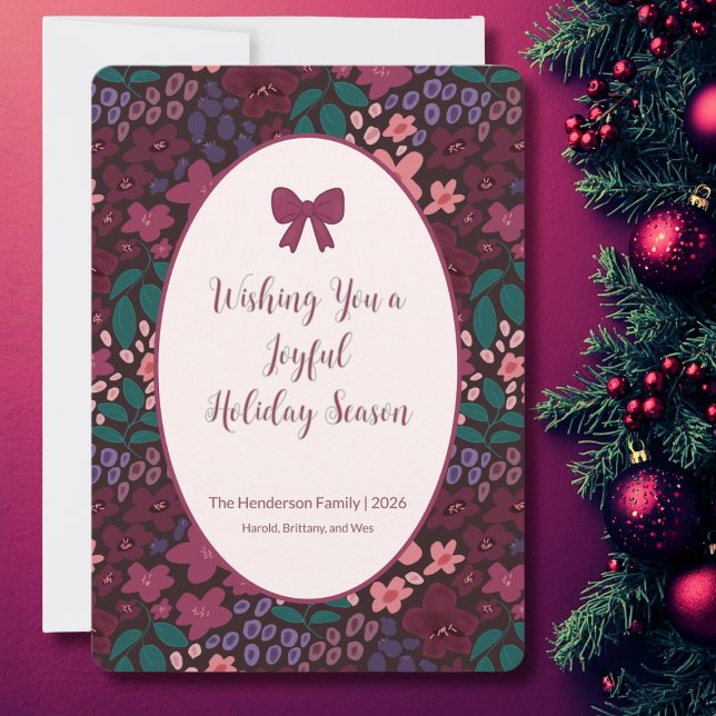 Cartes Pour Fêtes Annuelles Elegant Personalized Burgundy Floral Flat Card (Elegant Burgundy Floral Holiday Card)