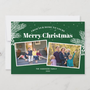 Cartes Pour Fêtes Annuelles Élégant pin blanc sur vert 2 Photos Noël