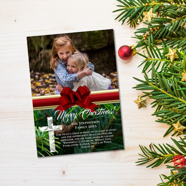 Cartes Pour Fêtes Annuelles Élégant Pin Rouge Bow Bible Religieux Verse Photo (christian elegant pine bow religious bible verse photo christmas card)