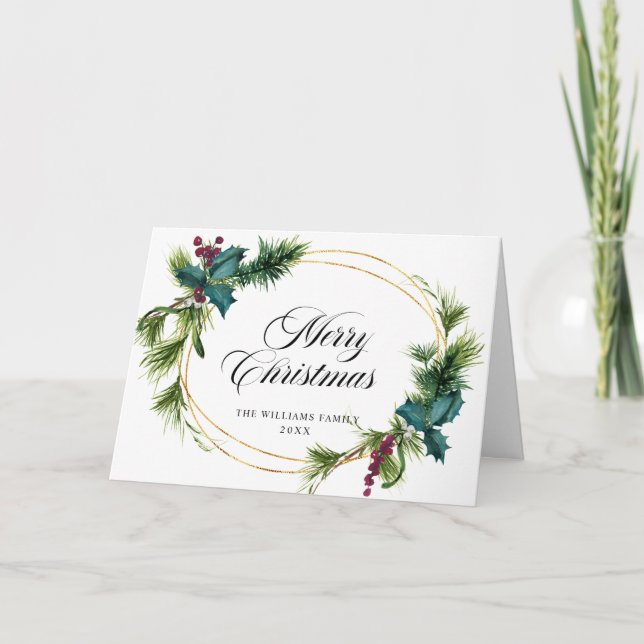 Cartes Pour Fêtes Annuelles Elégant Pine Fir Holly Berry Salutation de Noël (Devant)