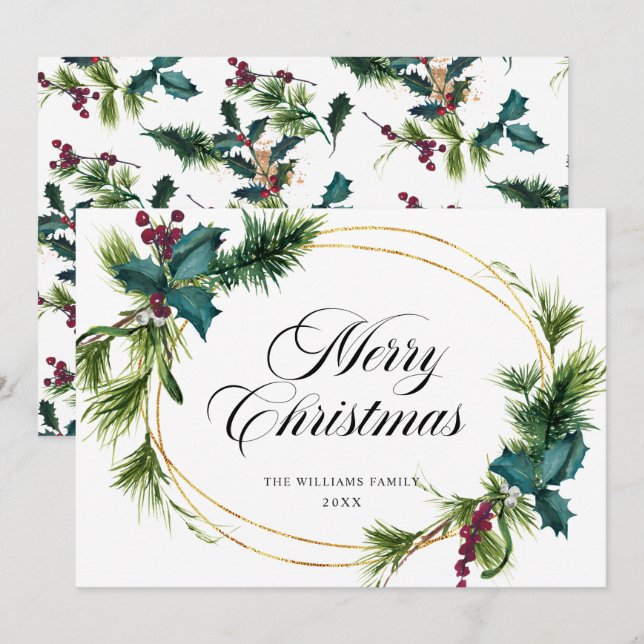Cartes Pour Fêtes Annuelles Elégant Pine Fir Holly Berry Salutation de Noël (Devant / Derrière)