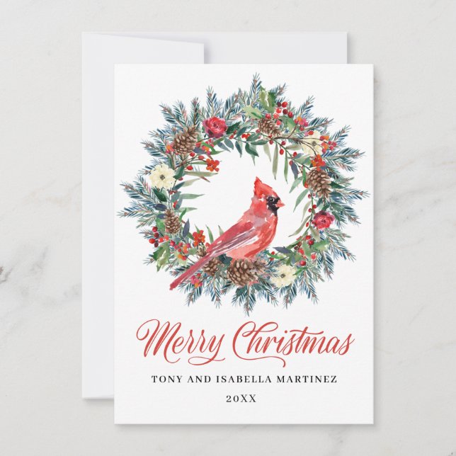 Cartes Pour Fêtes Annuelles Élégant Pine Holly Serre de Noël Cardinal Rouge (Devant)