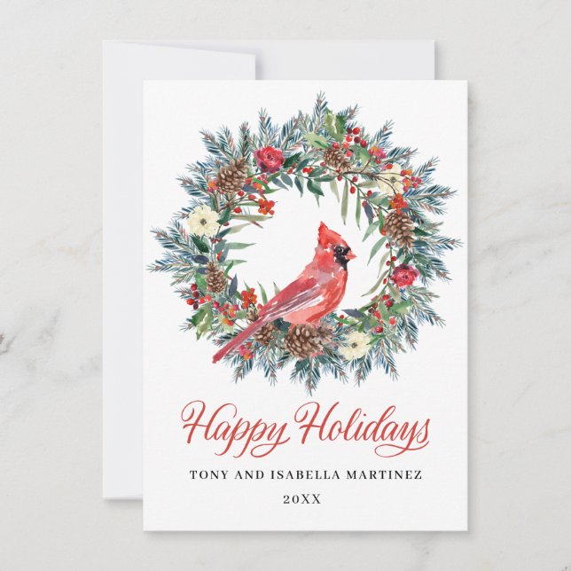 Cartes Pour Fêtes Annuelles Élégant Pine Holly Serre de Noël Cardinal Rouge (Devant)