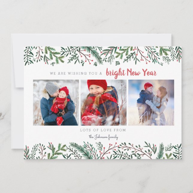 Cartes Pour Fêtes Annuelles Élégant Pine Vines vertes Nouvel An (Devant)