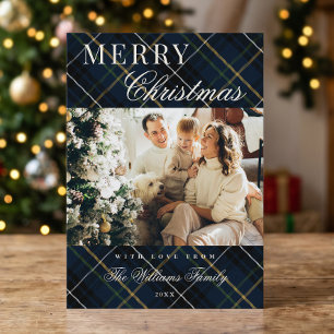 Cartes Pour Fêtes Annuelles Élégant Plaid Bleu Classique 1 Photo Noël