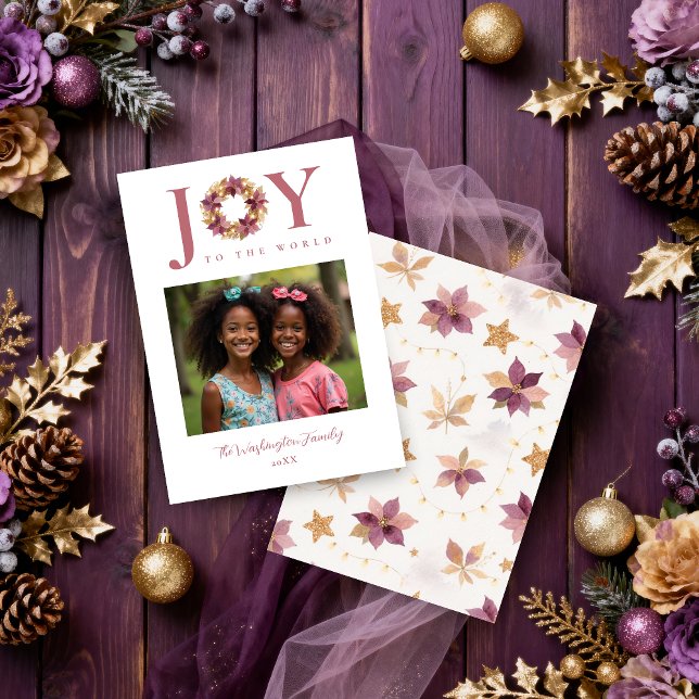 Cartes Pour Fêtes Annuelles Elegant Plum Glitter Poinsettias Christmas Wreath (Elegant Plum Glitter Poinsettias Christmas Wreath Photo Family Holidays Cards with Joy to the World.)