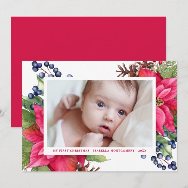 Cartes Pour Fêtes Annuelles Elegant Poinsettia Berry Ma première photo de Noël (Devant / Derrière)