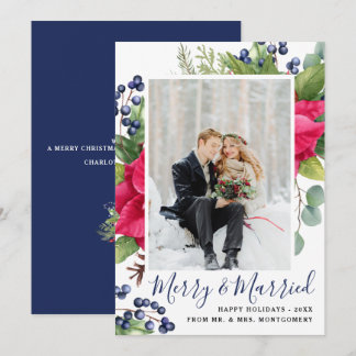 Cartes Pour Fêtes Annuelles Elégant Poinsettia Bleu Merry & Marié Photo