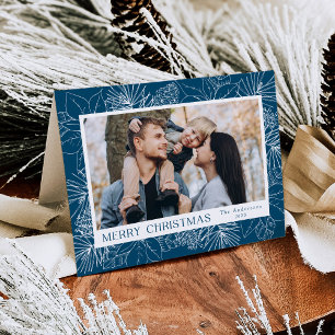 Cartes Pour Fêtes Annuelles Elégant Poinsettias et Pinecones Blue 2 Photo