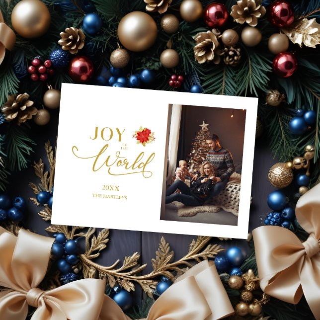Cartes Pour Fêtes Annuelles Elégant Poinsettias Joie au monde Noël (Elegant Poinsettias Whimsical Joy to the World Classic Christmas Photo Holidays Cards.)