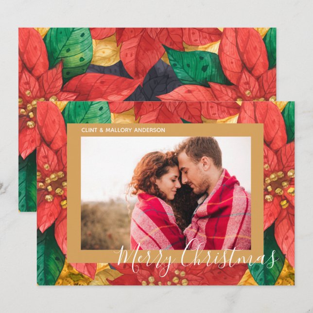Cartes Pour Fêtes Annuelles Élégant Poinsettias Photo de Noël (Devant / Derrière)