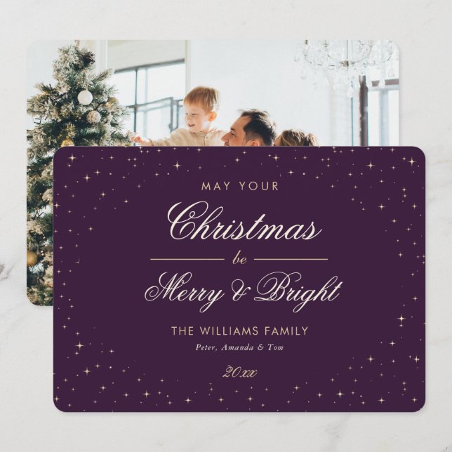 Cartes Pour Fêtes Annuelles Élégant Purple Gold Stars Photo Noël (Devant / Derrière)