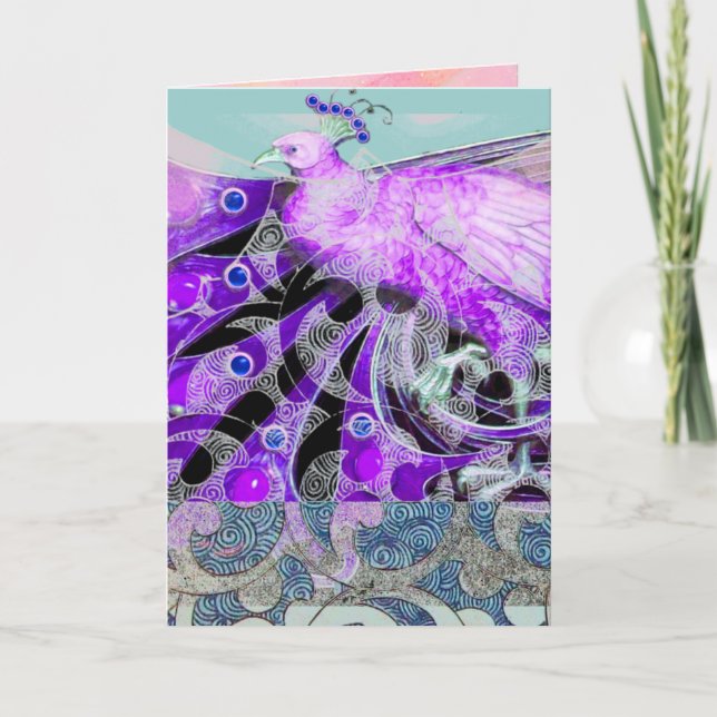 CARTES POUR FÊTES ANNUELLES ÉLÉGANT PURPLE PEACOCK AVEC DES CHEMISES GÉOMÉTRIQ (Devant)