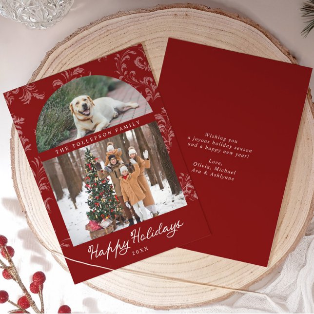 Cartes Pour Fêtes Annuelles Elegant Red Arch Family Photo Christmas (Elegant red and white vintage arch photo Christmas Cards with room for pet photo and message on back)