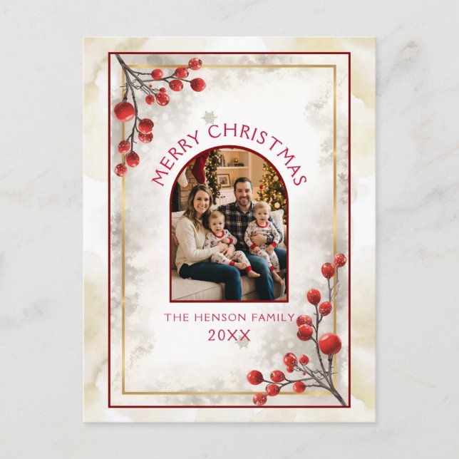 Cartes Pour Fêtes Annuelles Elegant Red Berries Family Photo Christmas  (Devant)