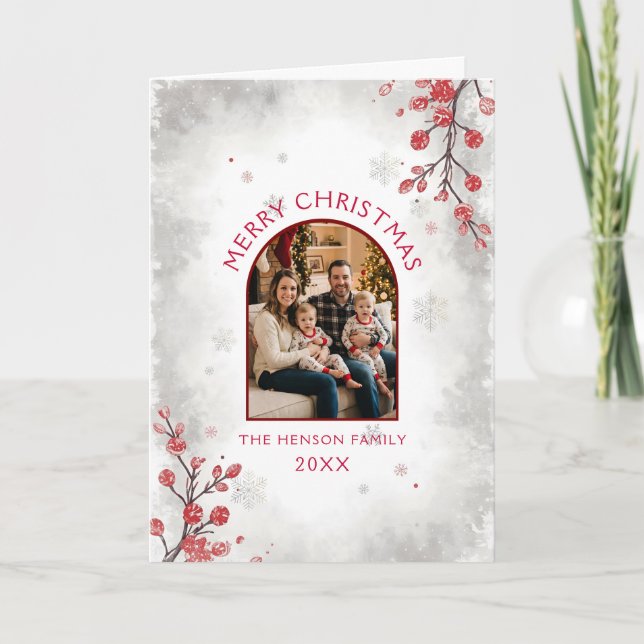 Cartes Pour Fêtes Annuelles Elegant Red Berries Family Photo Christmas  (Devant)