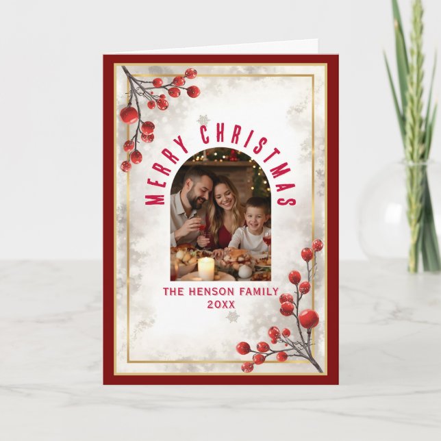 Cartes Pour Fêtes Annuelles Elegant Red Berries Family Photo Christmas Holiday (Devant)