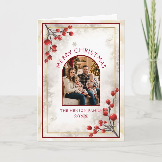 Cartes Pour Fêtes Annuelles Elegant Red Berries Family Photo Christmas Holiday (Devant)